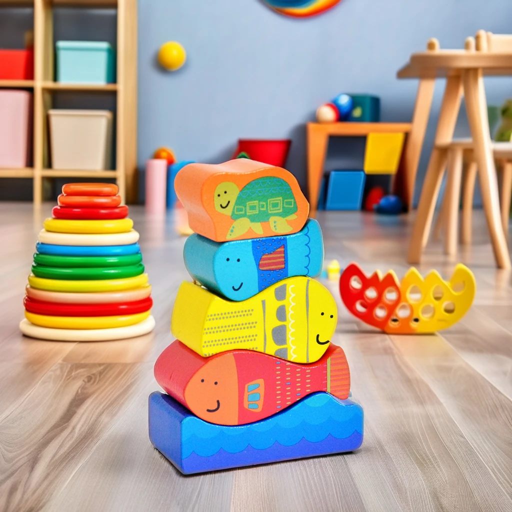 2024 Unisex Multilayer Cognitive Fish Stacker Toy Creative 3D Educational Wooden Game MDF Material Certified EN71