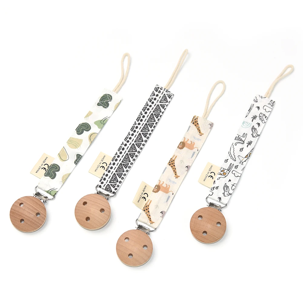 100% Cotton  Baby Fabric Pacifier Muselin Chain cotton  beech wooden metal clips Chewing Baby  hangable Pacifier Clip