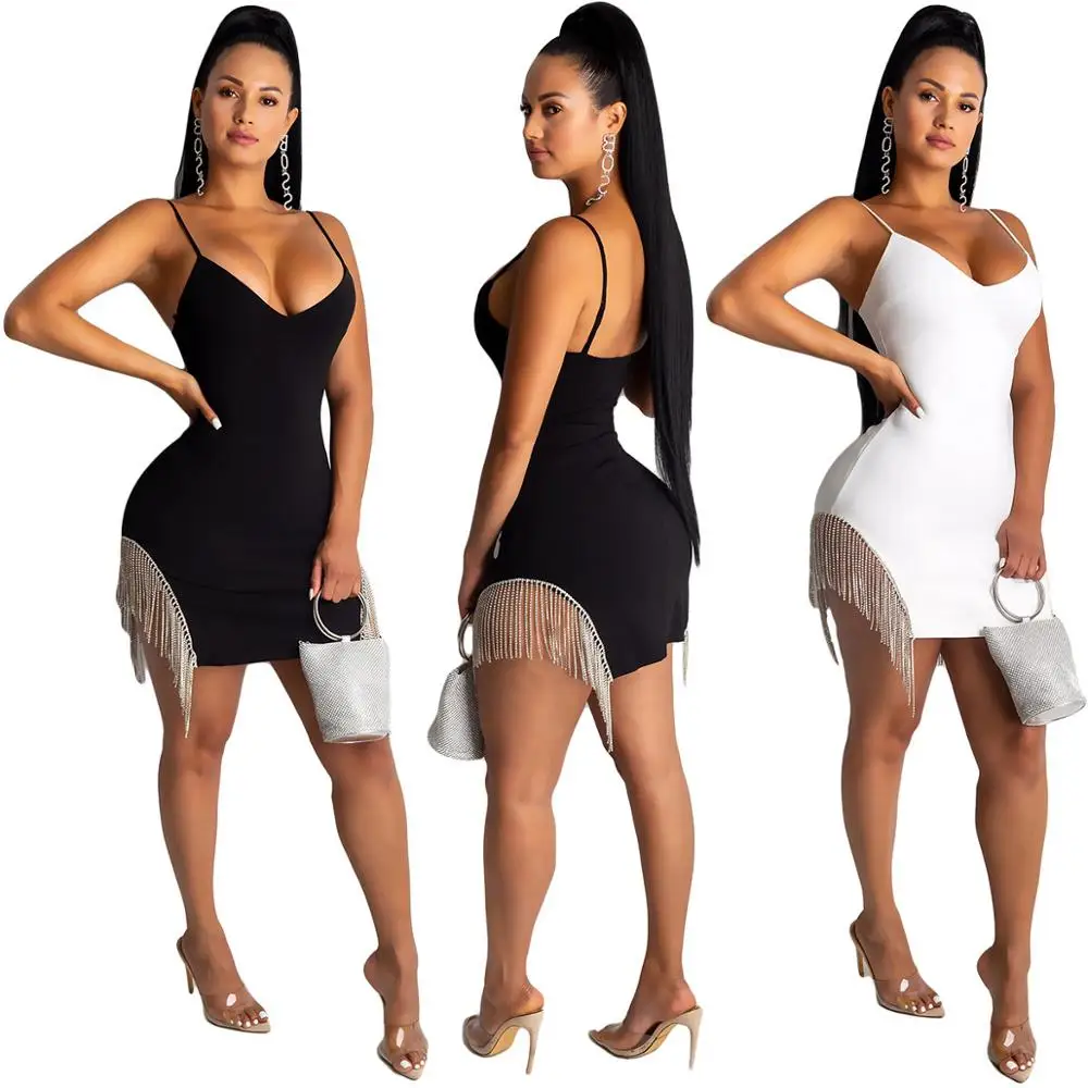 Wholesale fashion v-neck off shoulder club sexy women tight bodycon mini tassel dress