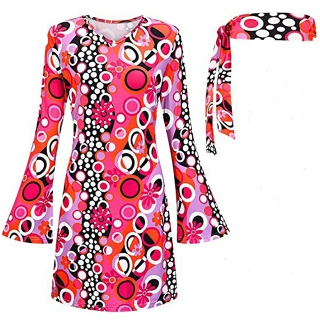 Women 70s Floral Disco Dress Costume Hippie Clothes Accessories Halloween Dance Costumes For Women Dress With Headband