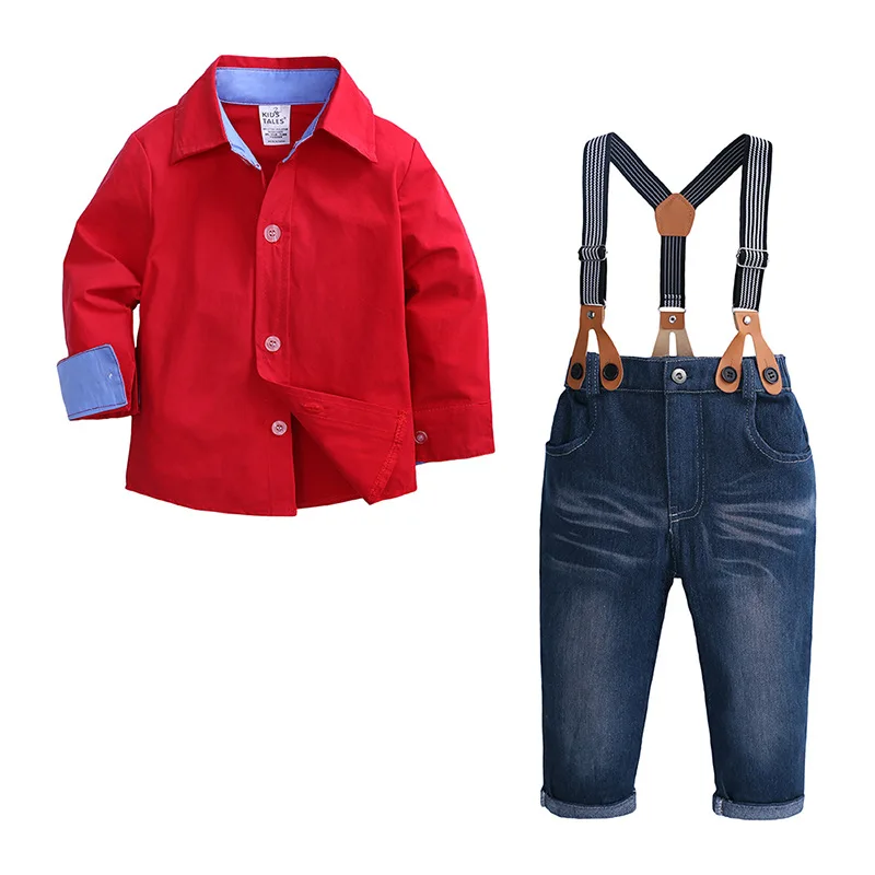 children boutique clothes Red Shirt Jean Pant Suit Outfit Bib Overall Long Sleeve children clothing set toddler boy clothing set