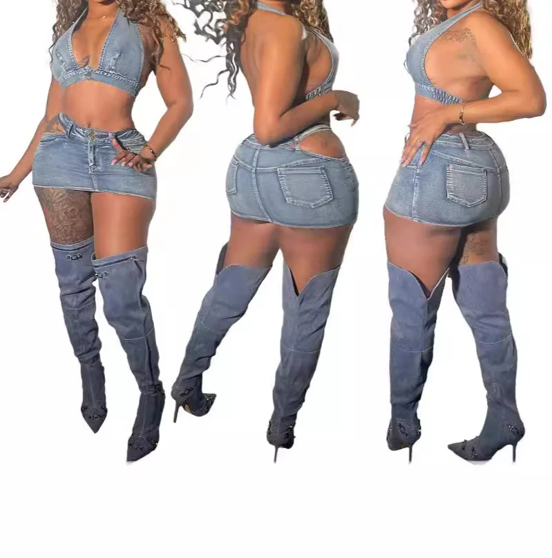 ZHEZHE Women stretch denim outfits halter neck bra tops and mini skirts women 2 piece sets