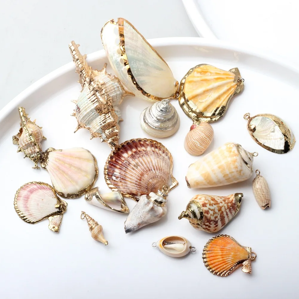 Hot Natural Sea Cowrie Seashells Charm Wrapped Conch Shells Plated Pendants Summer Ocean Sea Charm for Jewelry Making
