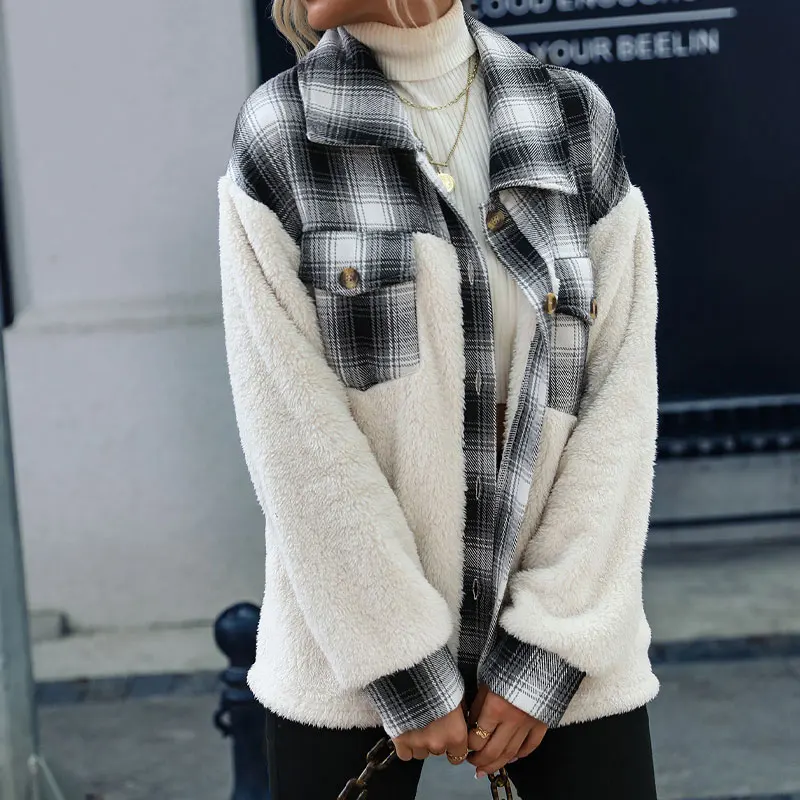 Plush Coats Plushplush Winter Plush Coats Women Single Button Lapel Plaid Faux Fur Jacket With Pocket