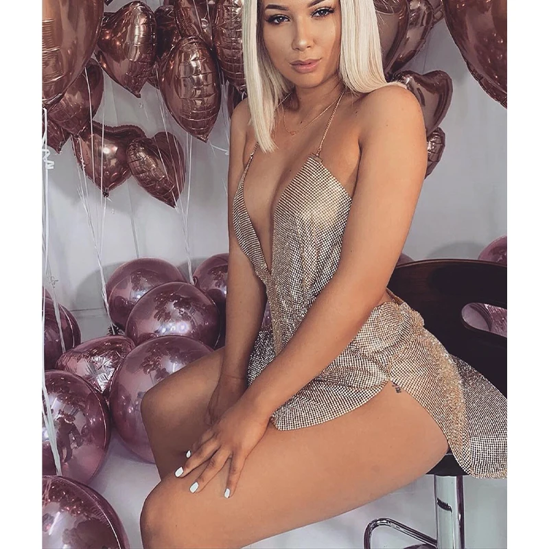 Custom Female Deep V Neck Mesh Bling Overlay Dresses Chainmail Clothing For Party Ripped Diamante Rhinestone Dress