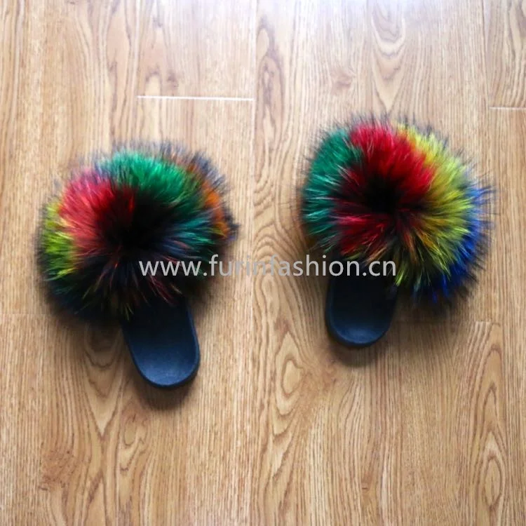 
Custom Real Multi-color raccoon fur slippers soft fur slides for Fashion Women 
