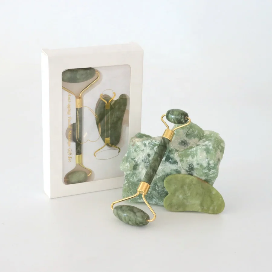 custom box Private Label genuine ayoyoe natural nephrite facial green jade face roller and gua sha massager set