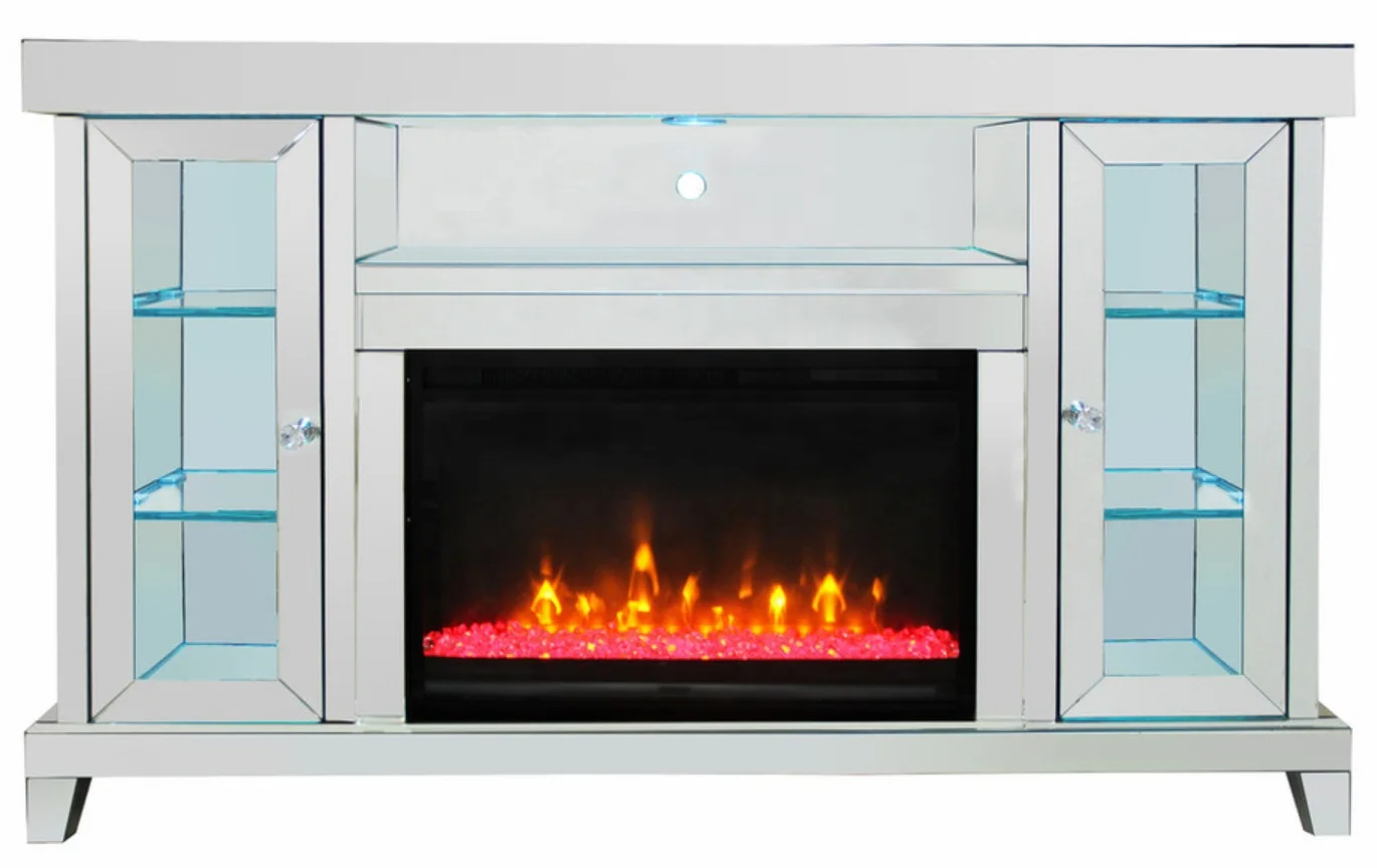 Faux diamond crystal glam mirrored TV console LED light fireplace with bluetooths