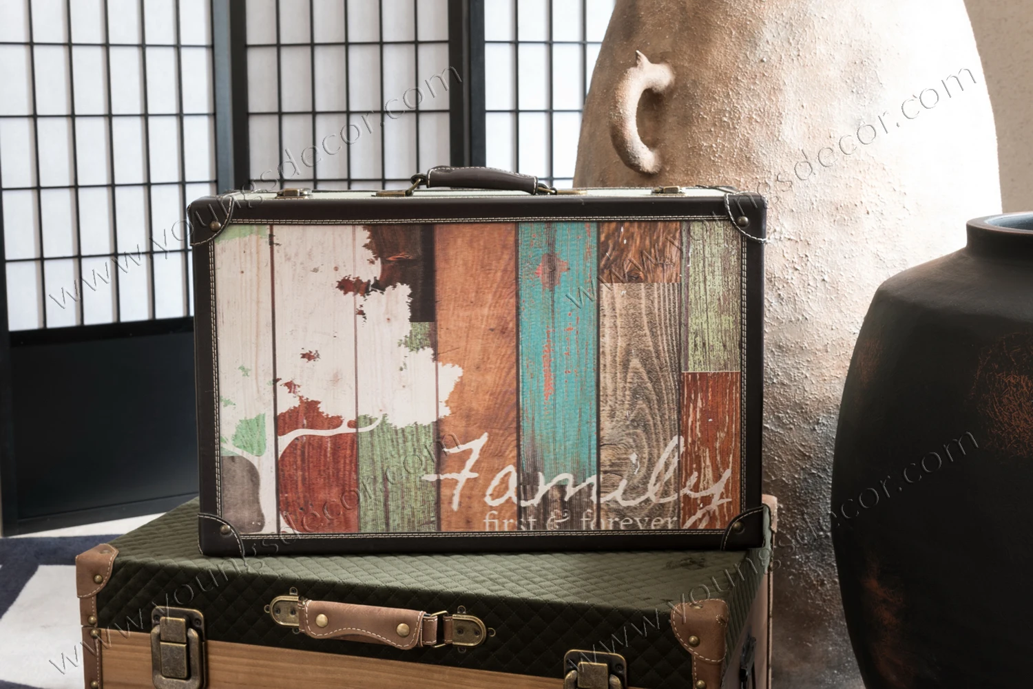 Decorative Wooden Luggage Suitcase Storage Trunk Sets with Printed Pattern Surface