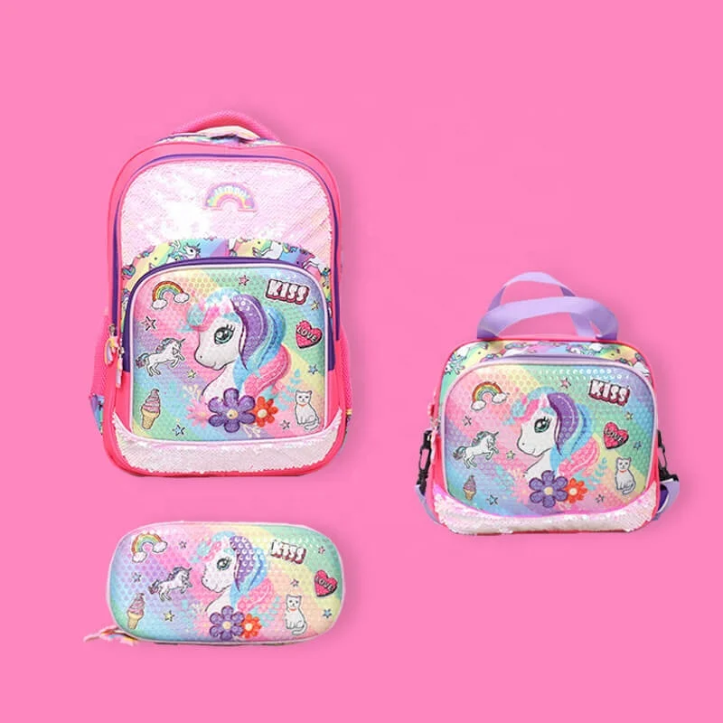 Primary Cartoon Cute Unicorn Teenage Girls Pen Bag Lunch Box School Bags Kids Backpack Sets