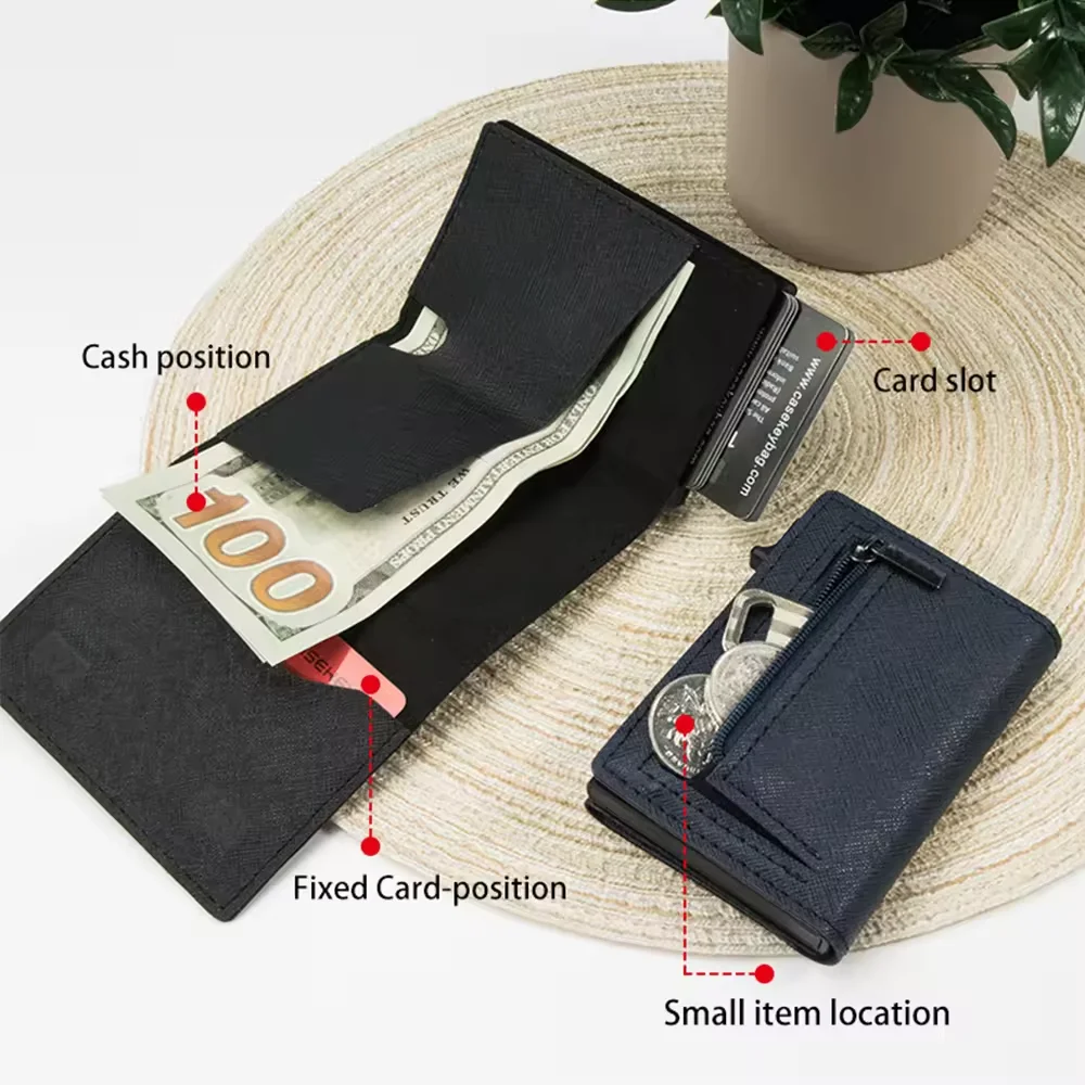 Casekey Wholesale Mens Leather Card Holder Trading Aluminum Pop Up Card Metal Business Wallet slim card holder wallet