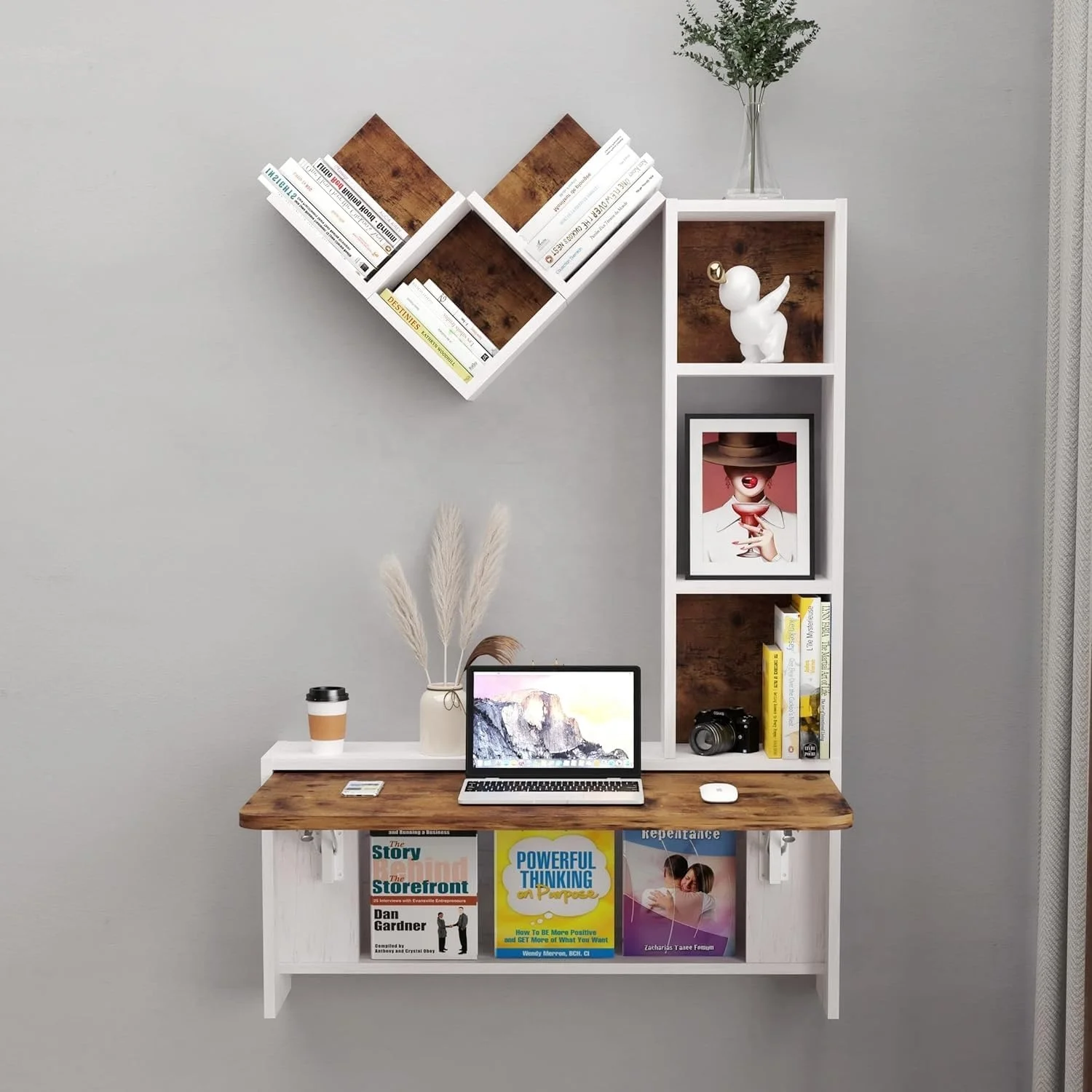 Multi-Functional Moveable Wooden Folding Wall-Mounted Office Desk Space-Saving Floating Laptop Computer Modern Rustic Home