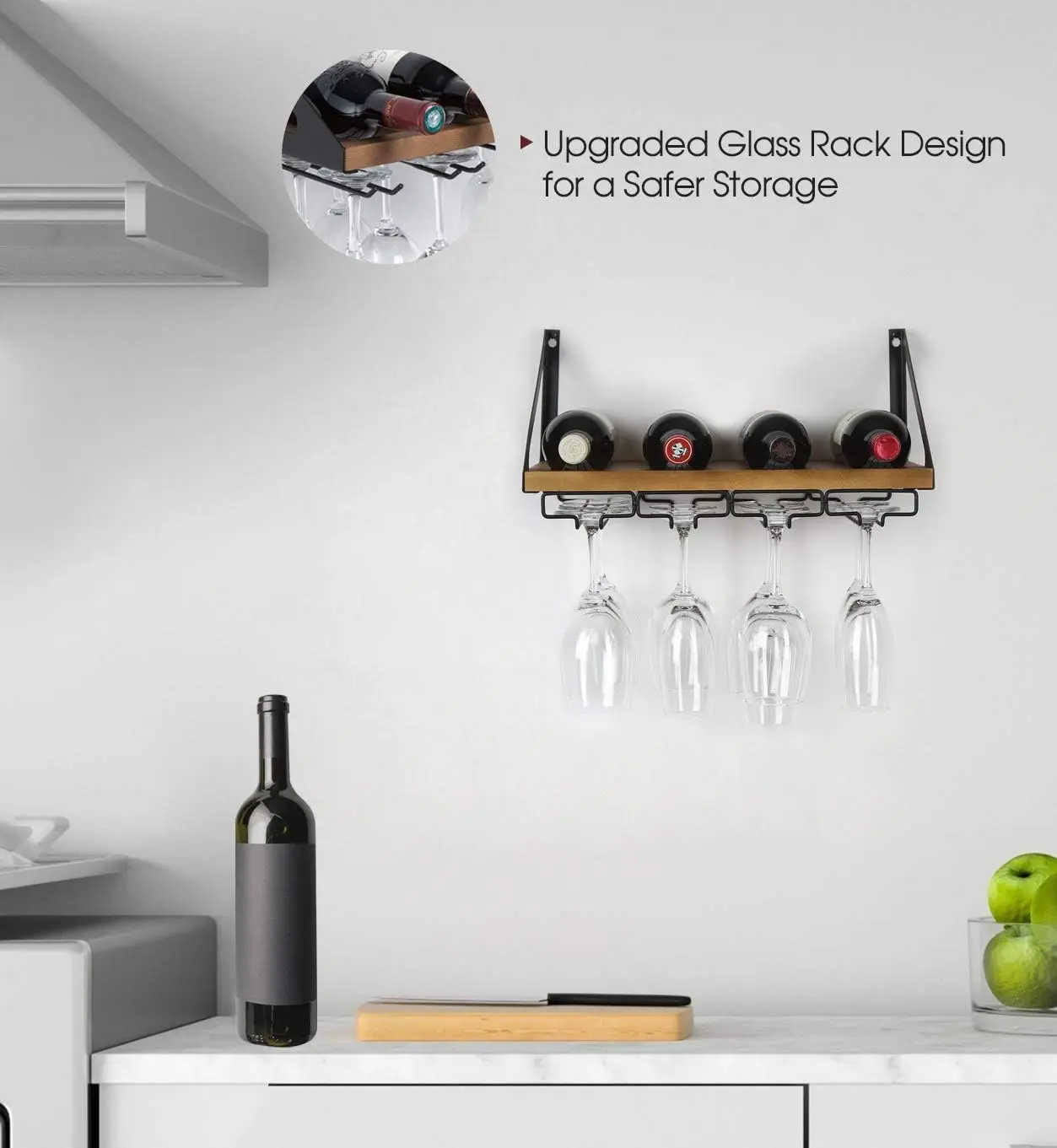 202404  Rustic Wood Wall Mount Wine Rack with 4 Metal Wire Glass Holder Home Kitchen decor Wine storage Rack