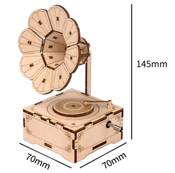 DIY Music Box, Gramaphone 3D Wooden Puzzle Model Kit, Laser Cut Wood Pieces phonograph Music Box
