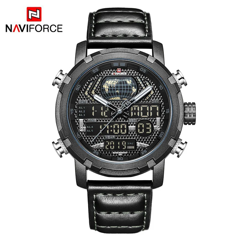 Naviforce 9160 роскошные Цифровые Аналоговые спортивные наручные часы с ремешком из натуральной кожи мужские