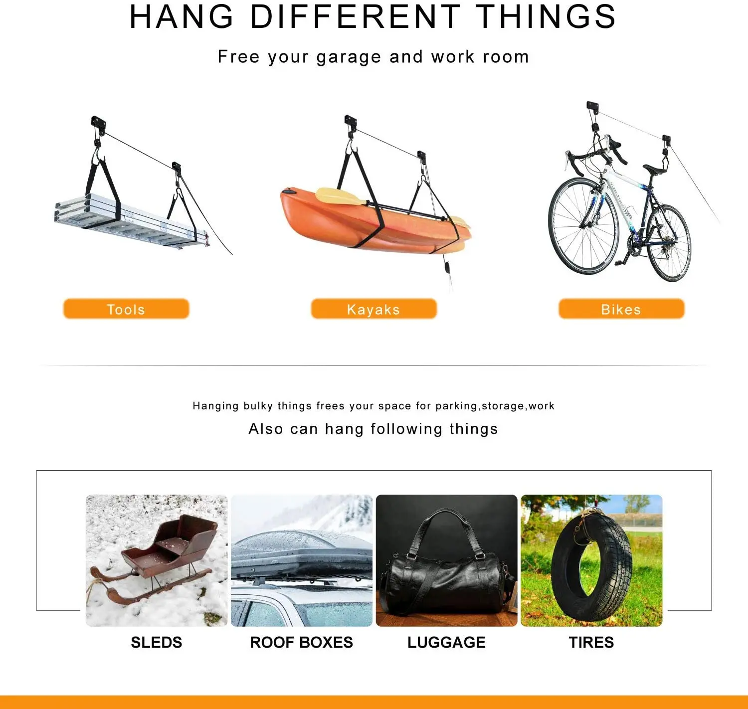 Universal Stand up Paddle Board Bike Kayak Ceiling Storage Hoist Pulley Systems for Kayaks in Garage