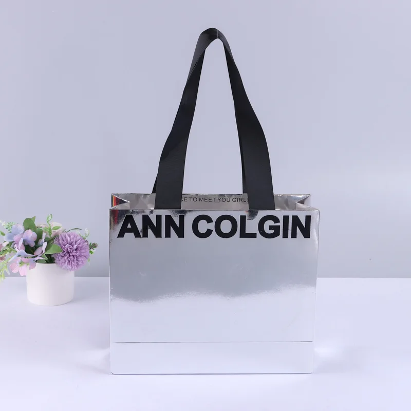 Customized Fashion Mirror Silver Handle Paper Bag Advertising White Cardboard Shopping Gift Paper Tote Bag