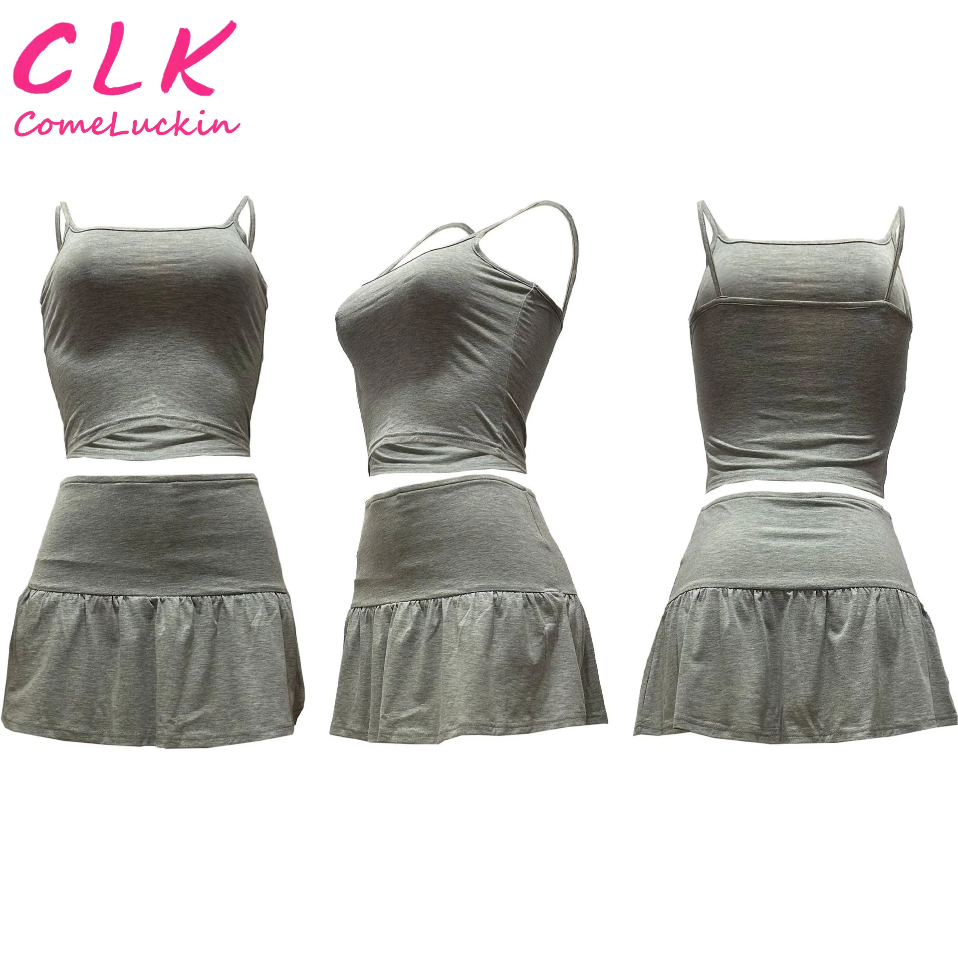 Custom Logo 2024 Summer Spaghetti Strip Crop Top + Mini Pleated Skirt With Underwear Fashion 2 Piece Skirt Set For Women