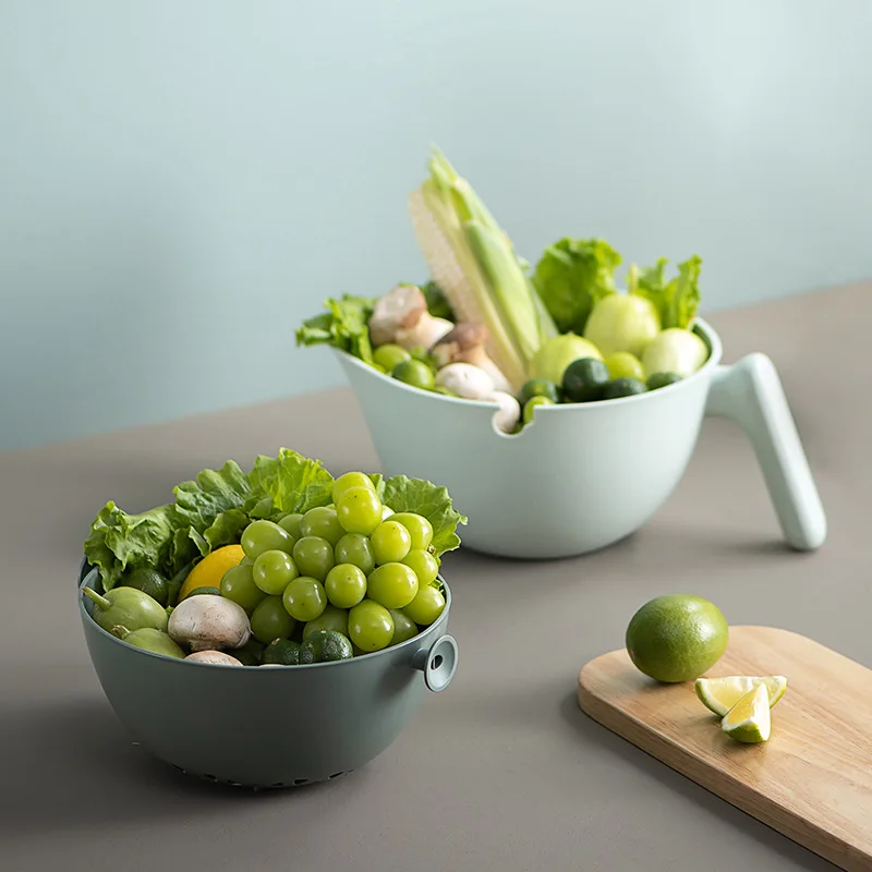 2 In 1 Double Layer Vegetable Fruit Plastic Kitchen Drain Basket Strainer Bowl with Handle