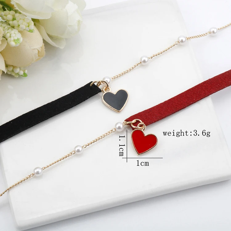 Simple Temperament Short small love Heart pendant Necklace red enamel heart charm choker with half velvet pearl chain for women