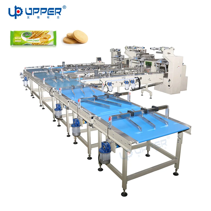 Nut Cereal Protein Bar packaging line Chocolate bar cookie biscuit packing machine with automatic sorting conveyor feeder