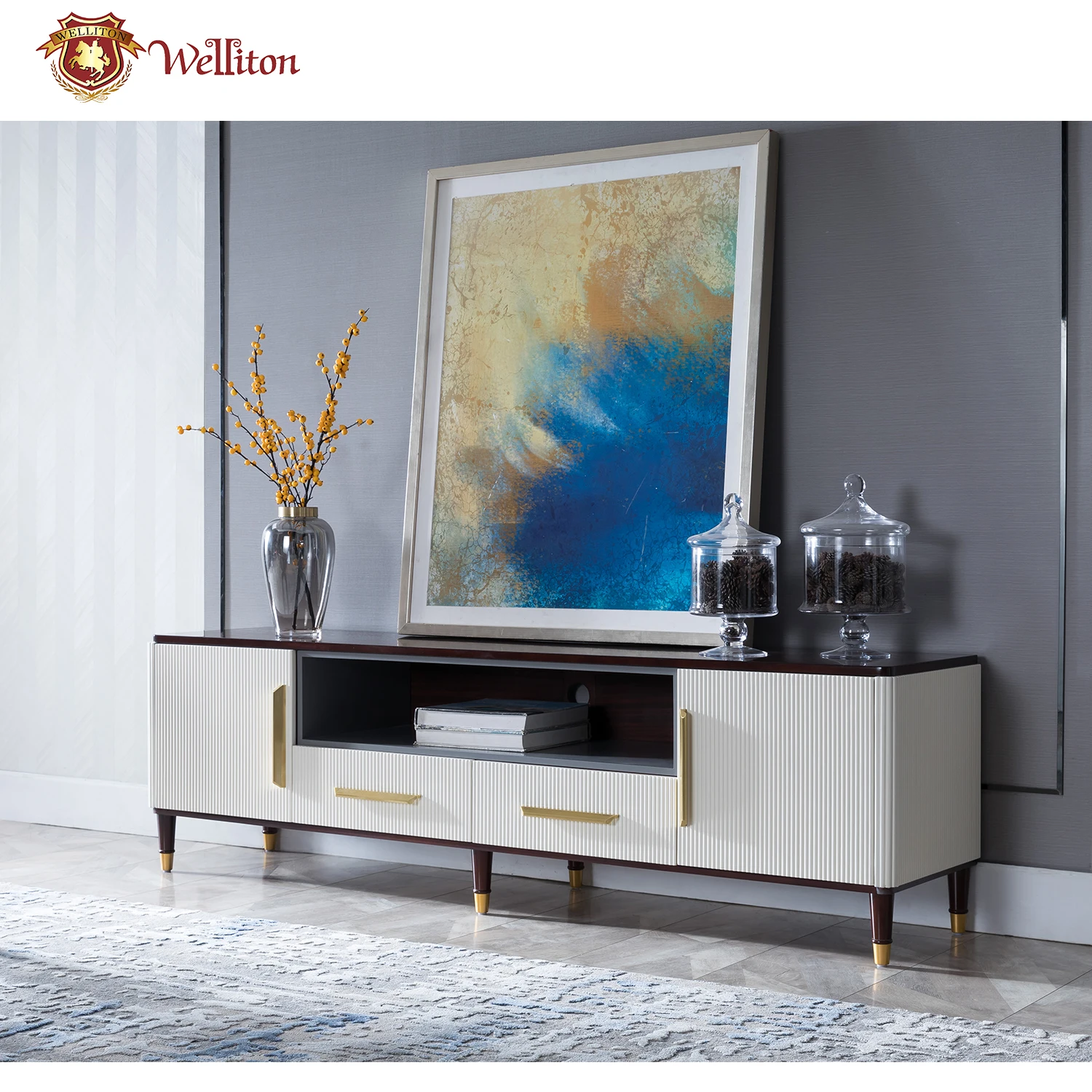 Welliton OEM&ODM  modern solid wood tv stands living room furniture M801-19  luxury tv stand cabinet wooden designs