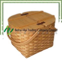Guangxi Round Handmade Wood Chip Picnic Basket with Handles and Lid