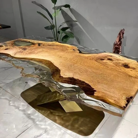 Latest Customize Special Design Restaurant Kitchen Furniture Walnut Wood River Dining Table Epoxy Resin Slab