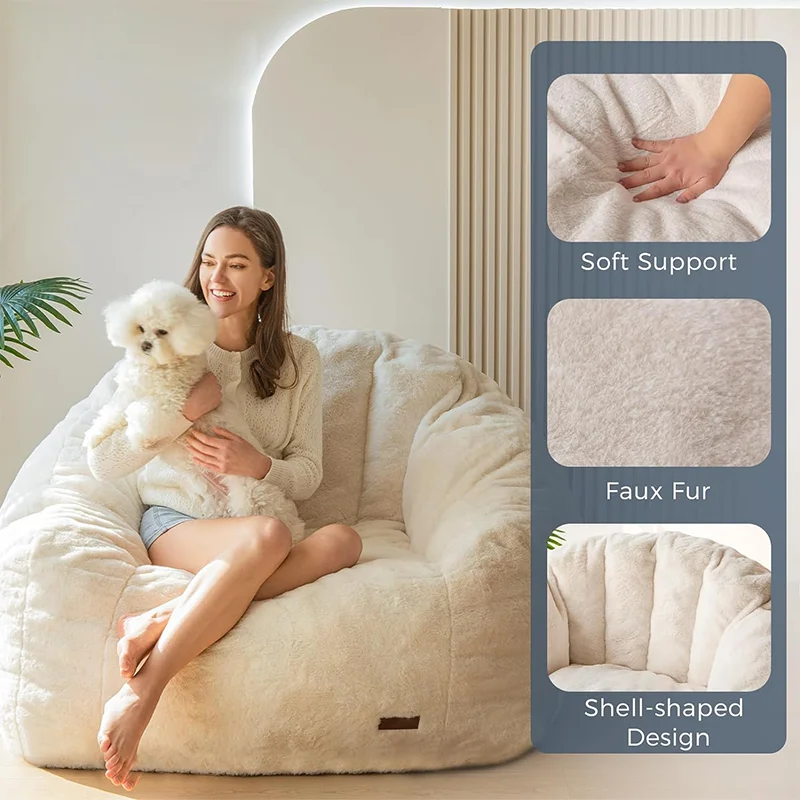 Oversized Bean Bag Floor Sofa Adults Eco-friendly Faux Fur Shell-Shaped Large Giant Bean Bag Chair