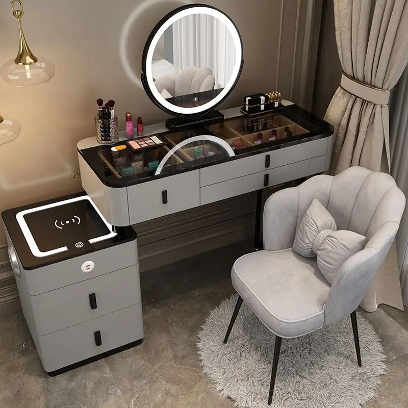 Nordic Style White Dresser Wooden Vanity Desk  Bedroom  Makeup Dressing Table With lighted Mirror and wireless charging function
