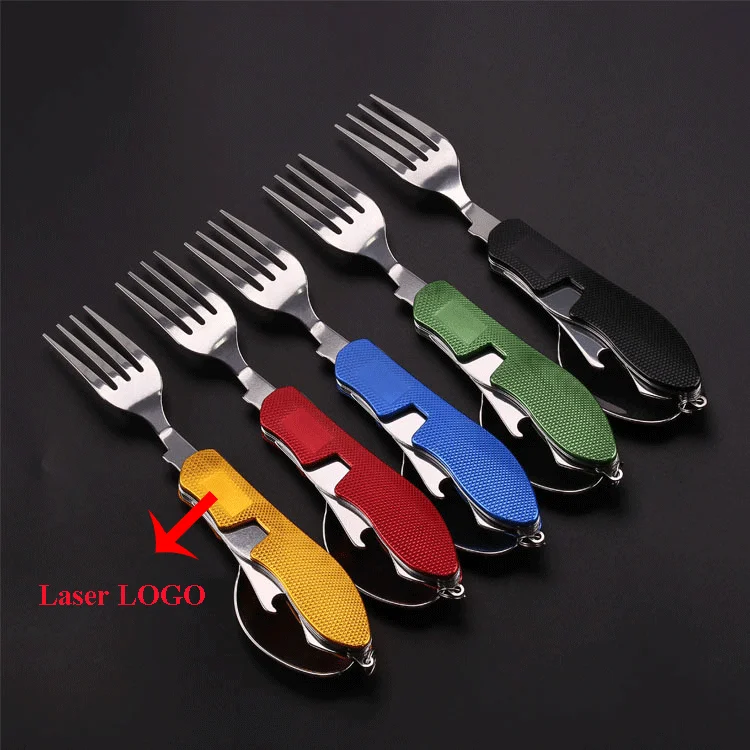 6 in 1 Multi-Function Detachable Folding Cutlery Set Stainless Steel Spoon Fork and Knife Opener Outdoor Camping Tableware Set