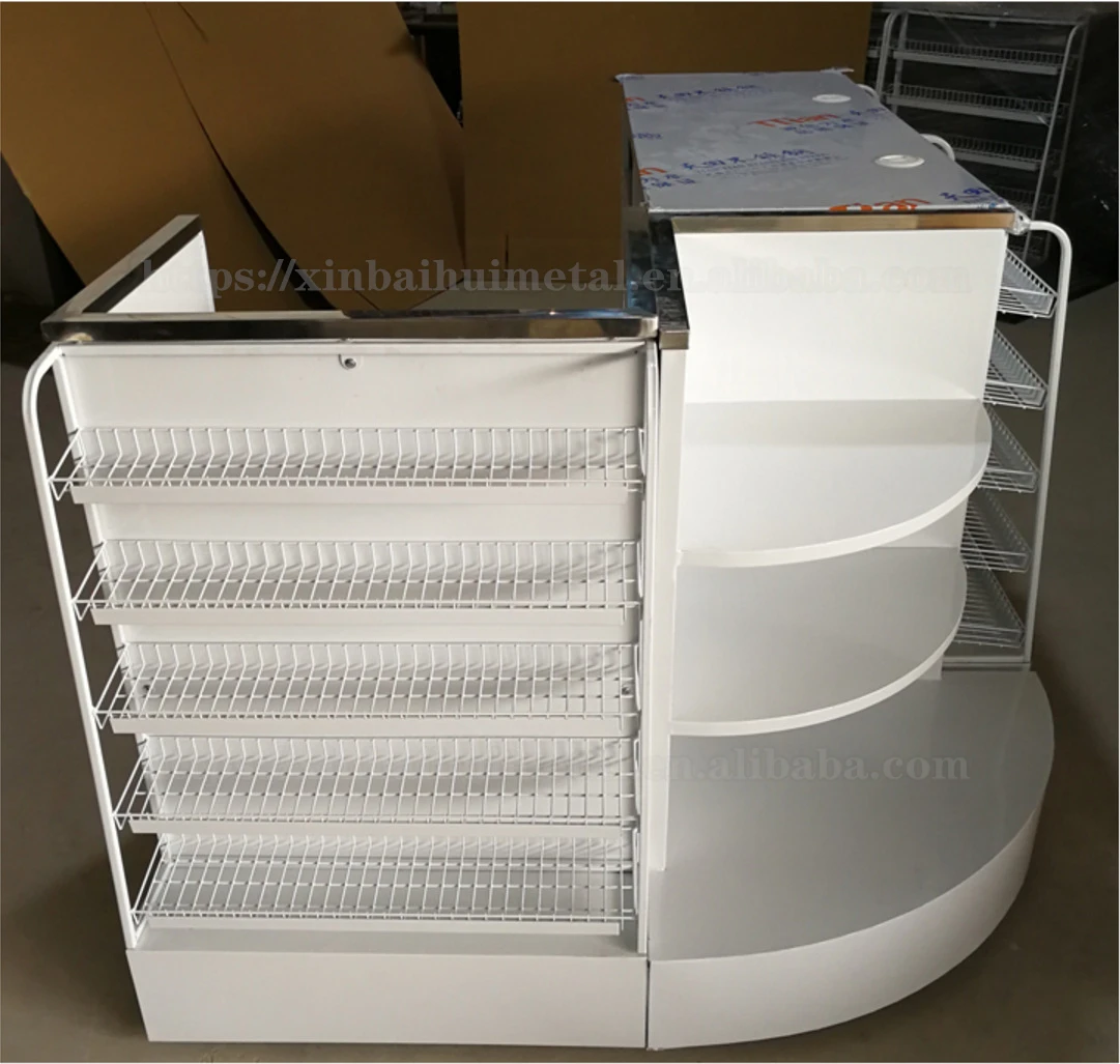 Convenience Store Commissary Snack Shop Small Supermarket Combined Steel Wood Cash Register With Display Shelf In The Front