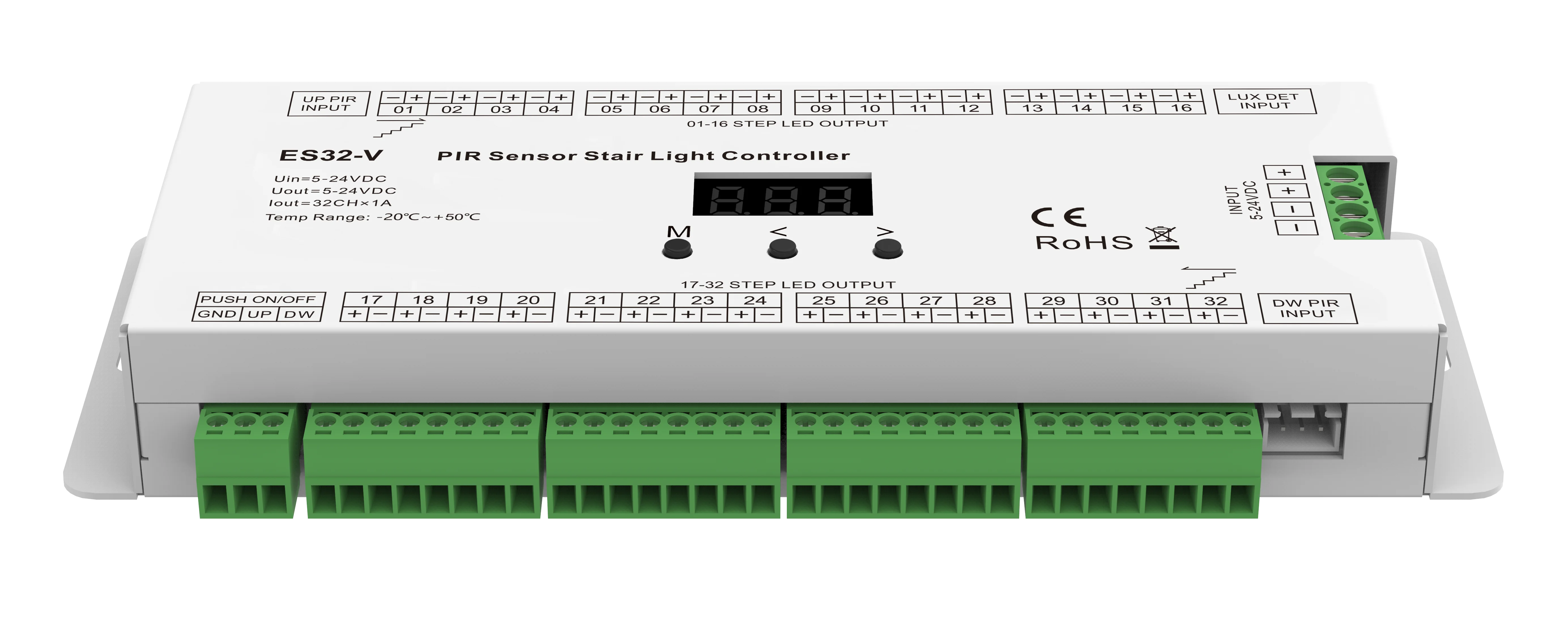 ES32-V 5-24VDC 32CH*1A  push switch  32 step constant voltage output OLED screen  PIR Sensor Stair Light Controller