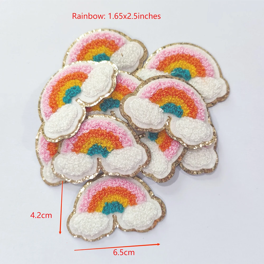 Stock Multi Colorful Cute Embroidered Sticky Applique for Clothing Smiley Face Rainbow Letters Heart Adhesive Chenille Patch