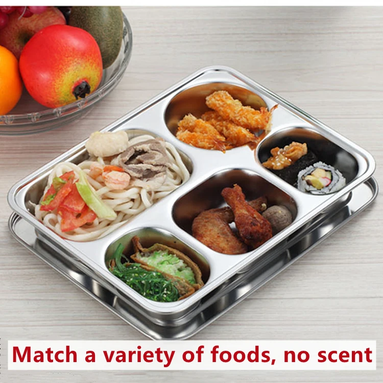 
5 Compartment Fast Food Stainless Steel Lunch Box Rectangular Divided Dinner Plate Snack Serving Set Tray With Lids 