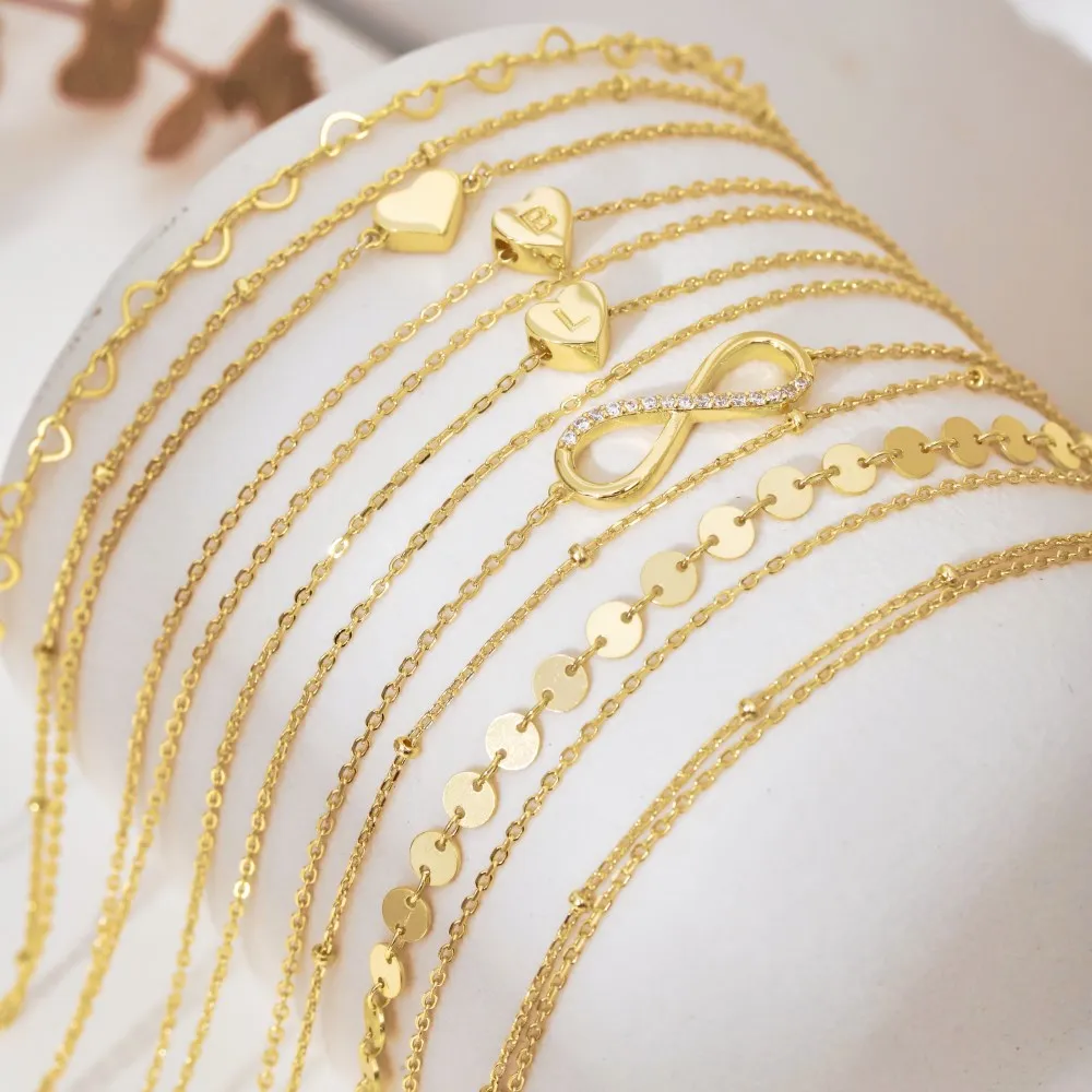 Dylam Accessories Bracelet Bangle 18K Gold Plated Anklets Set Initial Alphabet Letter A-Z Charms Pendant Cuban Link For Women