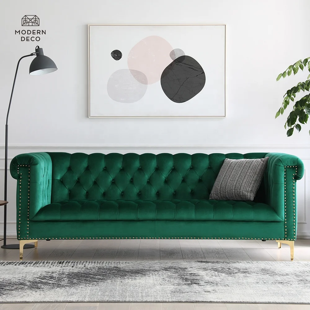 rolled arm chesterfield tufted emerald green velvet sofas with brass gold leg nailhead trim modern mid century