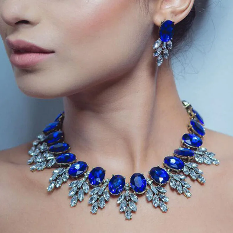 Elegant luxury blue diamond crystal earrings rhinestone choker necklace mothers day gift sets jewelry women Wedding Jewelry set