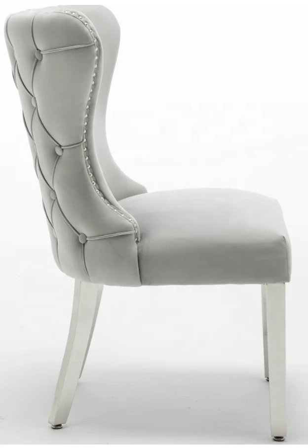 
Grey color back with buttons decoration studs around velvet fabric with stainless metal legs dining chair 