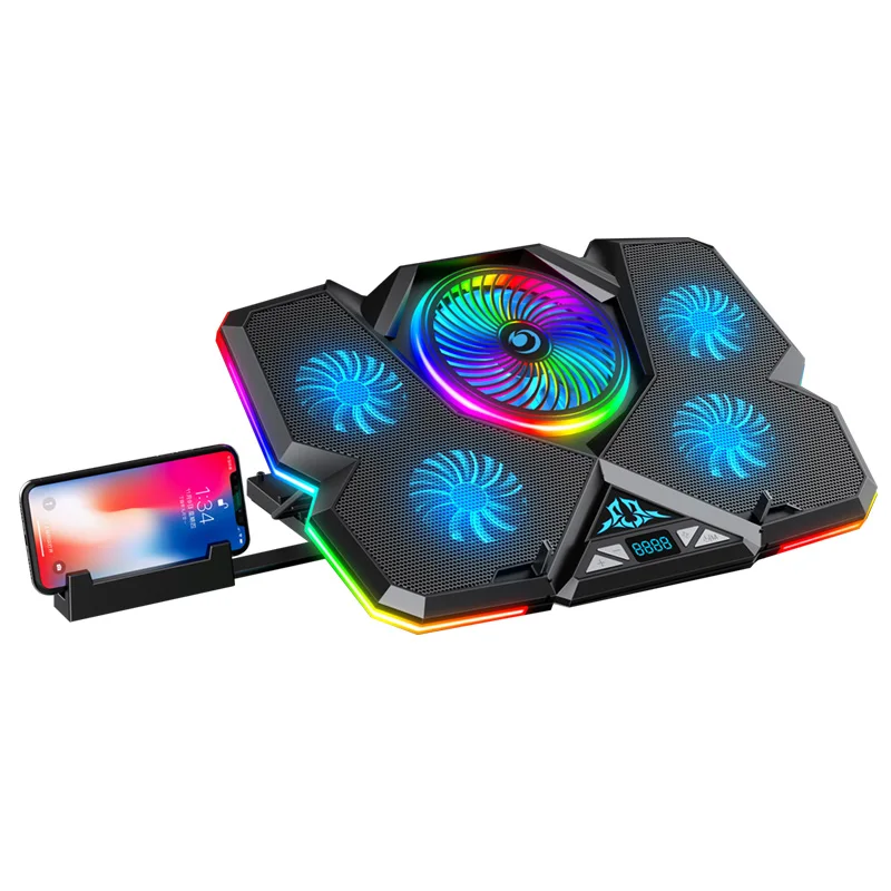 RGB 5 Fan Laptop Cooler Cooling Pad Base 2500RPM LED Display Air-cooled Notebook Cooler