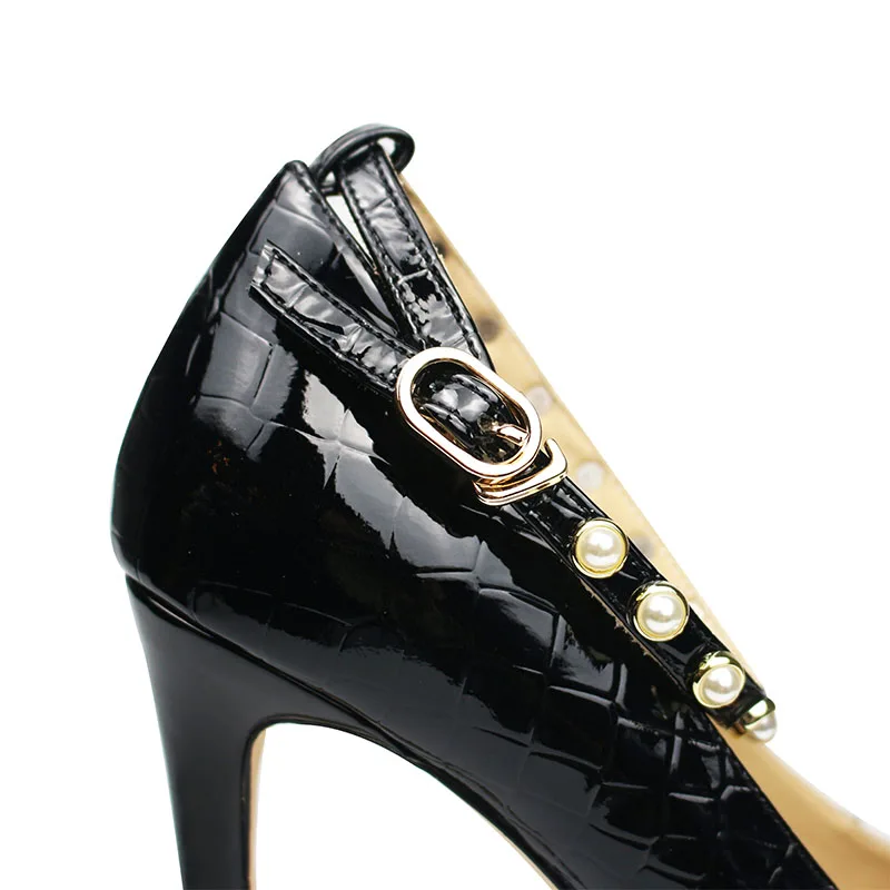 Women Pearl Buckle Genuine Leather Stiletto Heels Black Sheepskin Insole Embossed Patent Cow Leather Fabric Pointed Toe Pumps