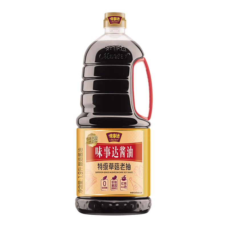 Master Golden Mark Superior Mushroom Soya Sauce Plastic Bottle 1.9L 64.2oz Dark Chinese Soy Sauce with OEM Factory Price
