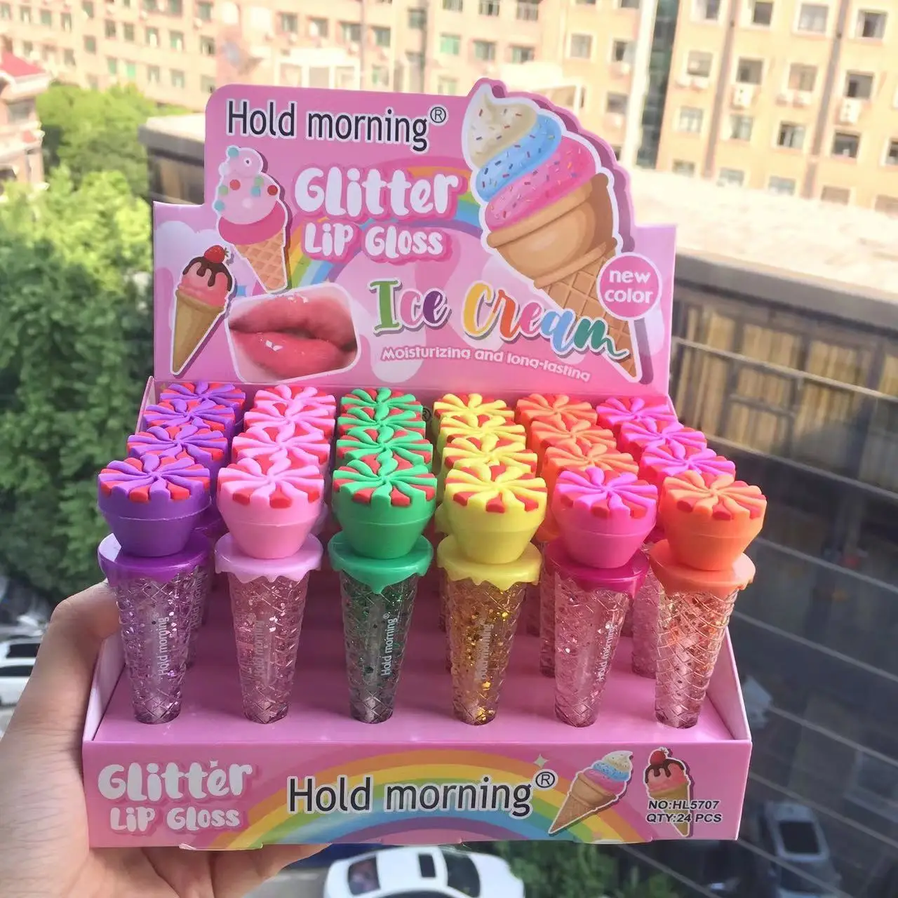 Hold morning 24pc ice cream lip gloss glitter nude lip gloss tube packaging wholesale bulk cosmetics beauty making set kit
