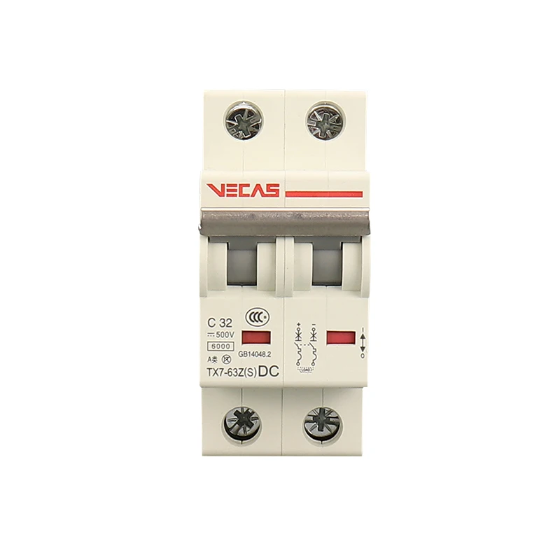 VECAS DC Air Switch Home 32A 63A Short Circuit Protection Switch Photovoltaic DC Circuit Breaker 1 2 3 4P MINI 500v Dc 18 Months