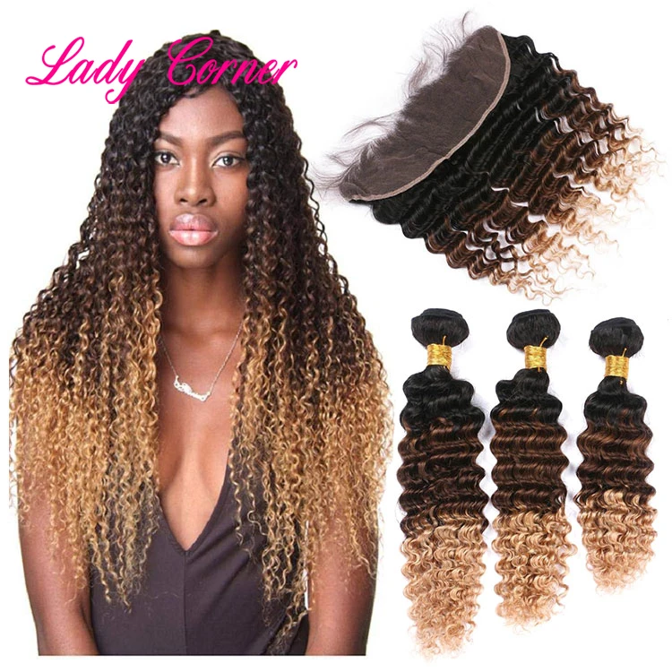 Оптовая продажа индийские необработанные натуральные человеческие волосы класса 10А 1b 4 27 глубокие волнистые трехцветные пряди волос