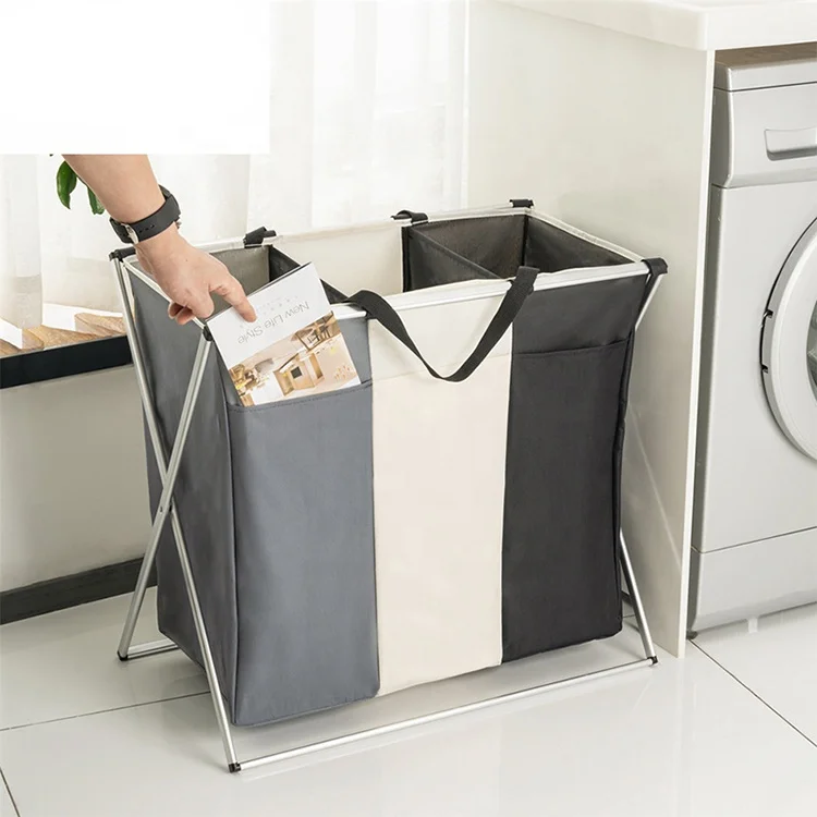 Black Gray Dirty Clothes Washing Storage Laundry Hamper 3 Compartments For Dorm Room