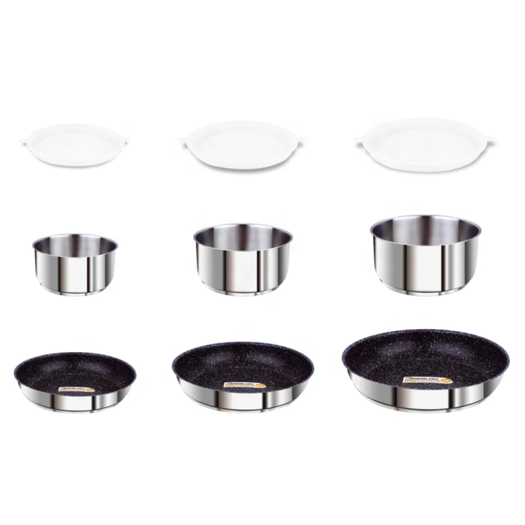 marble stone non-stick cooking pans cast bottom induction double sided stainless steel wok frying pan and pot set