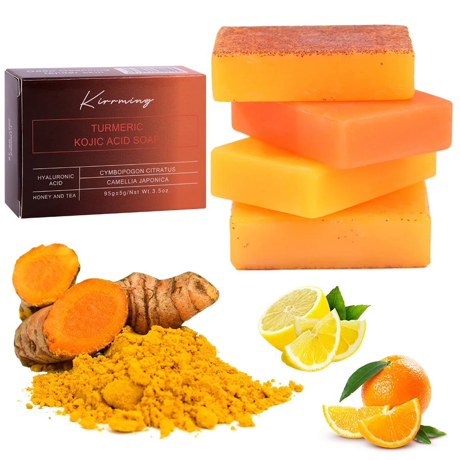 Private Label Nourishing Glowing Whitening Kojic Acid Soap Vitamin C Turmeric Hyaluronic Acid Face Body Soap 100g