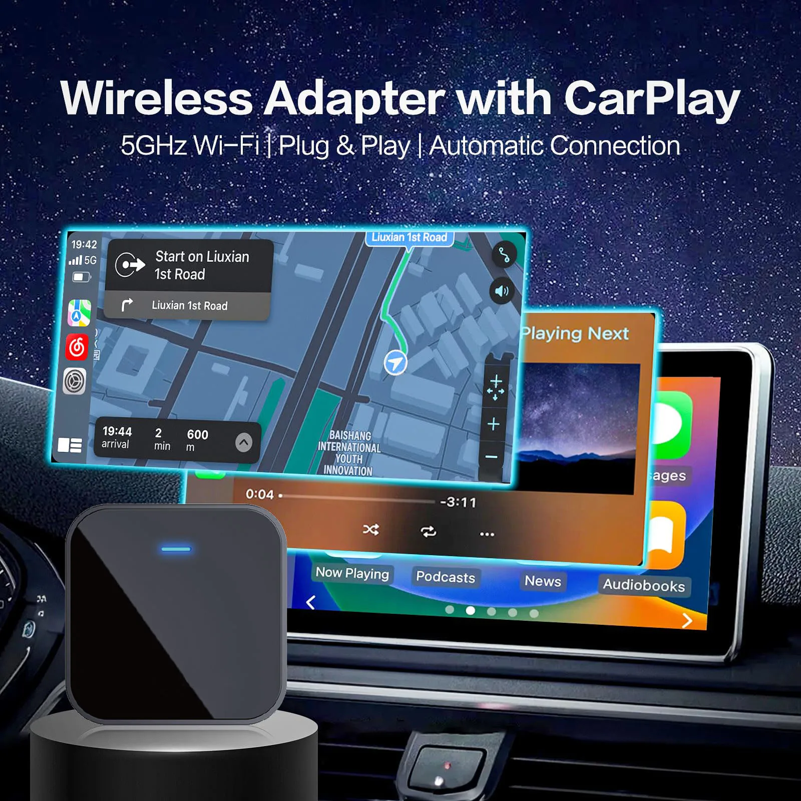 CarPlay Wireless Adapter for Factory Wired CarPlay 2024 Upgrade Plug & Play Dongle Converts Wired to Wireless for Cars from 2015