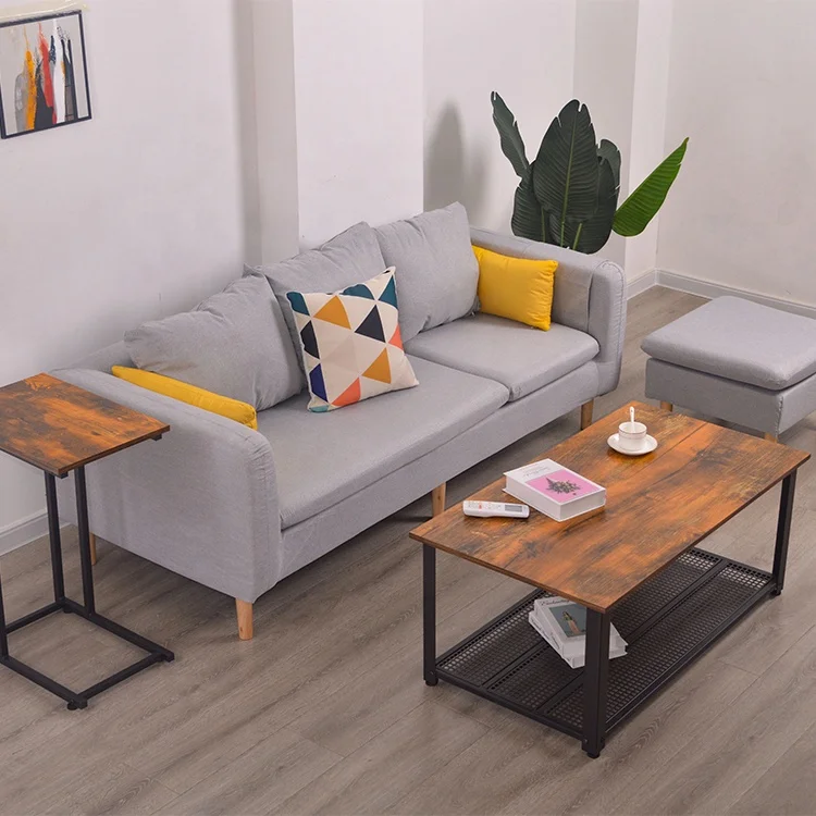 Industrial Coffee Table 2 Tiers sofa Table with Metal Frame Wood Look Sofa snack console with Large Storage Space Easy Assembly